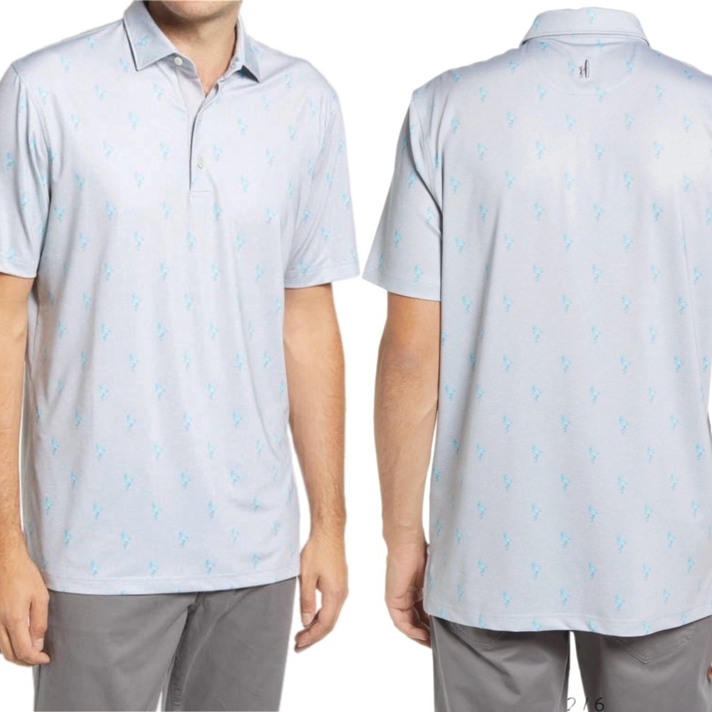 Johnnie-O Marchie Flamingo Print Prep Performance Polo Size L Grey Blue